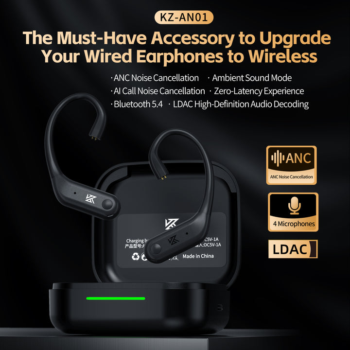 【KZ AN01】Active Noise Cancellation Wireless IEM Bluetooth Adapter, Bluetooth 5.4 Module, 40Hrs Playback Sport Earhook for KZ ZS10 PRO/ZSN Pro X/AS16 PRO X/Castor/EDX Pro, CRA/C12(0.78mm Pin) - KEEPHIFI