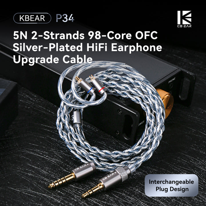 【KBEAR P34】5N 2-Strands 98-Core OFC Silver-Plated HiFi Earphone Upgrade Cable Interchangeable Plug Design - KEEPHIFI