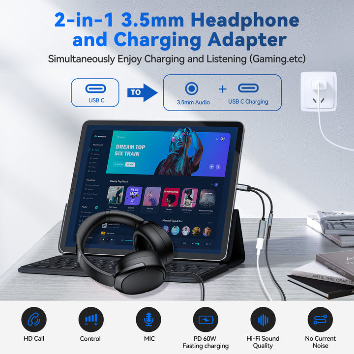 【CCZ CA01】2 in 1 Decoding Adapter Type C to Type C, 3.5mm to Type C Headphone and Charding Adapter - KEEPHIFI