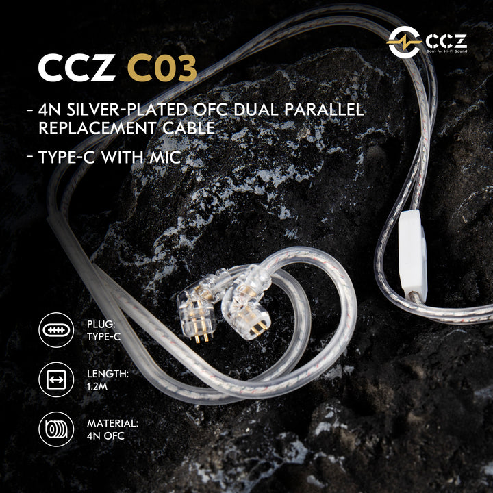 【CCZ C03】IEM Cable, Replacement USB C Type-C Earphone Cable, Upgraded in Ear Monitor Wire with Microphone, 1.2m 4N Silver-Plated OFC Dual Parallel Headphone Wire - KEEPHIFI