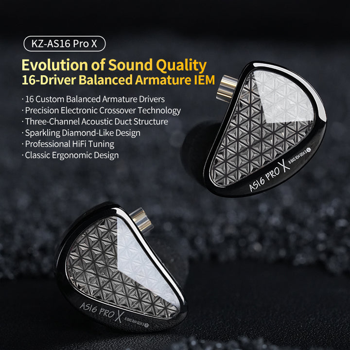 【KZ AS16 Pro X 】in Ear Monitor Headphones HiFi Gaming Earbuds 16BA Balanced Armature Drivers IEM Earphones for Musicians Singers Audiophile Dj Drummers