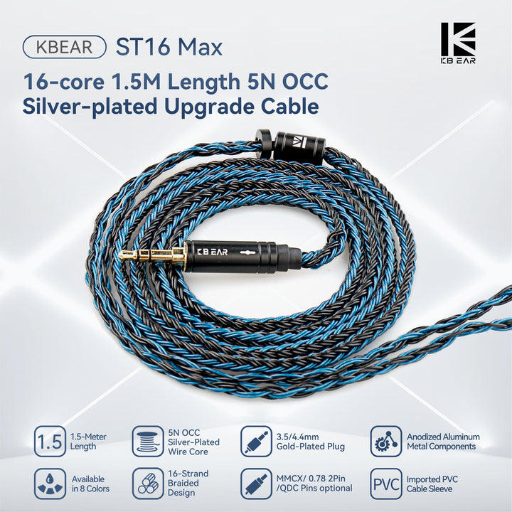 【KBEAR ST16 Max】16-core 1.5M Length 5N OCC Silver-plated Upgrade Cable for IEM Headphones Earbuds - KEEPHIFI
