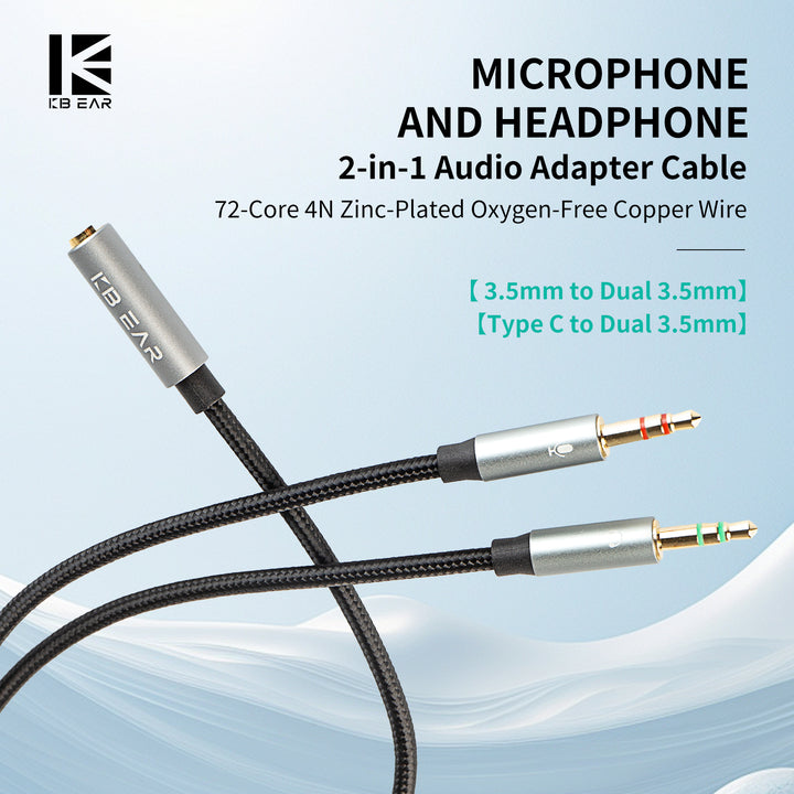 【KBEAR KA01】Microphone-Headphone 2-in-1 Audio Adapter Cable 72-Core 4N Zinc-Plated Oxygen-Free Copper Wire, Type C to Dual 3.5mm | 3.5mm to Dual 3.5mm