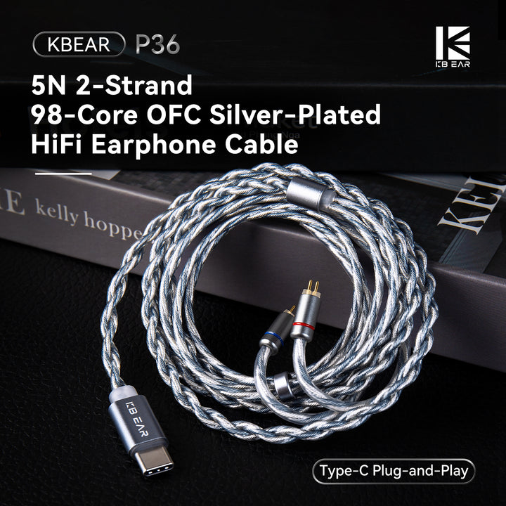 【KBEAR P36】5N 2-Strand 98-Core OFC Silver-Plated HiFi Earphone Cable Type-C Plug-and-Play