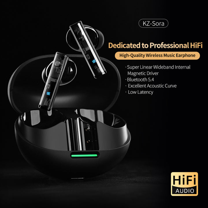 【KZ Sora】TWS Wireless Earbuds, Super Linear Wideband Internal Magnetic Driver IEM, Bluetooth 5.4 HiFi in Ear Monitor, 25H Playtime, SBC AAC Dual Modes Earphones for Musician Audiophile